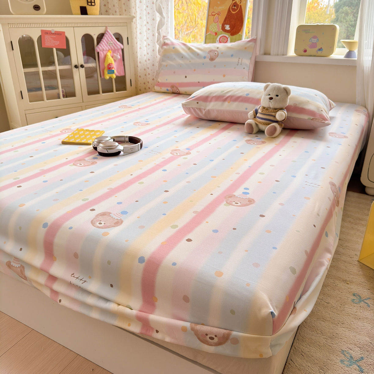 91家纺网 家纺一手货源 找家纺 沐芷 2026 【提供买家秀】古法水洗仿棉床笠席梦思床罩床垫防滑床套罩床笠三件套 暖意小熊