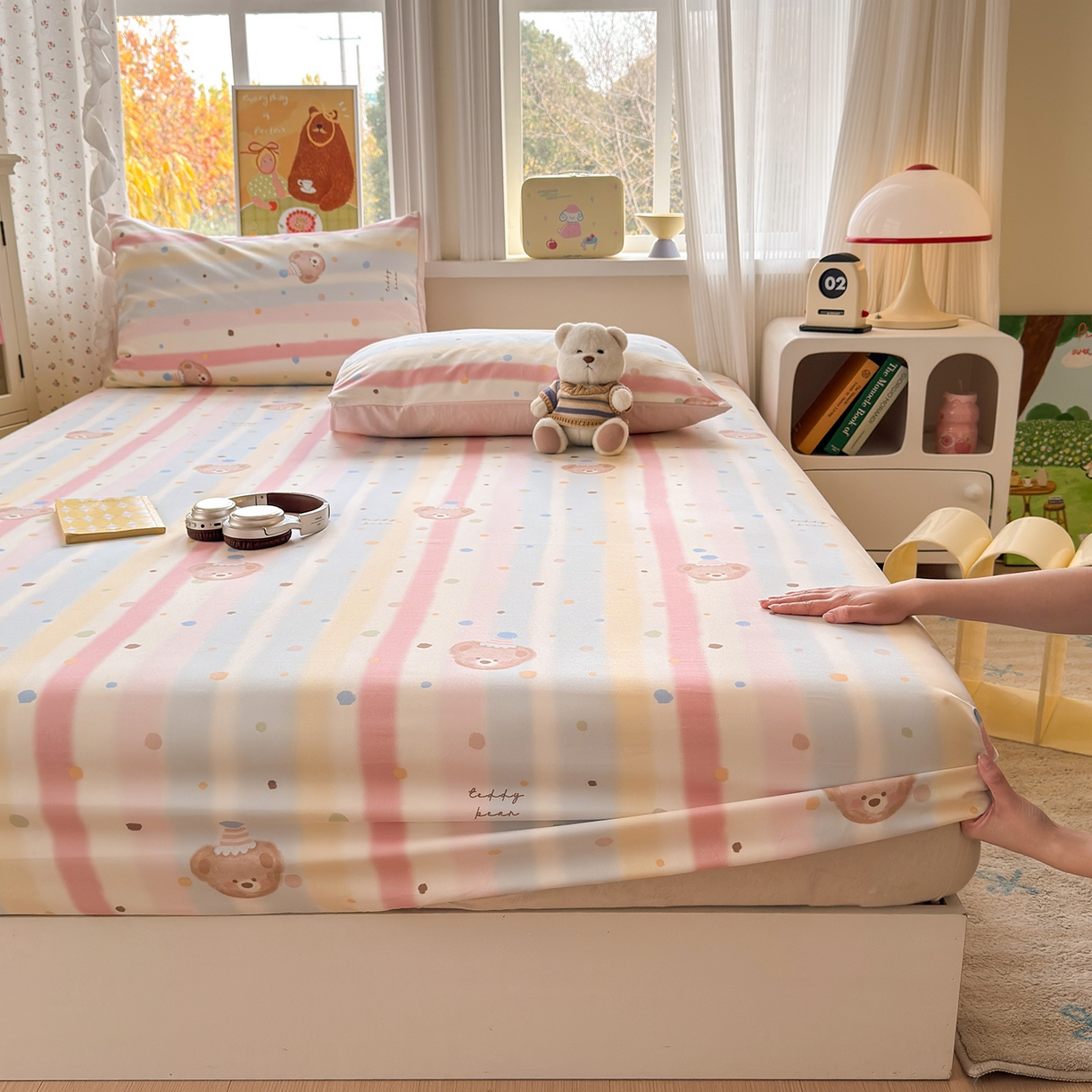 91家纺网 家纺一手货源 找家纺 沐芷 2026 【提供买家秀】古法水洗仿棉床笠席梦思床罩床垫防滑床套罩床笠三件套 暖意小熊