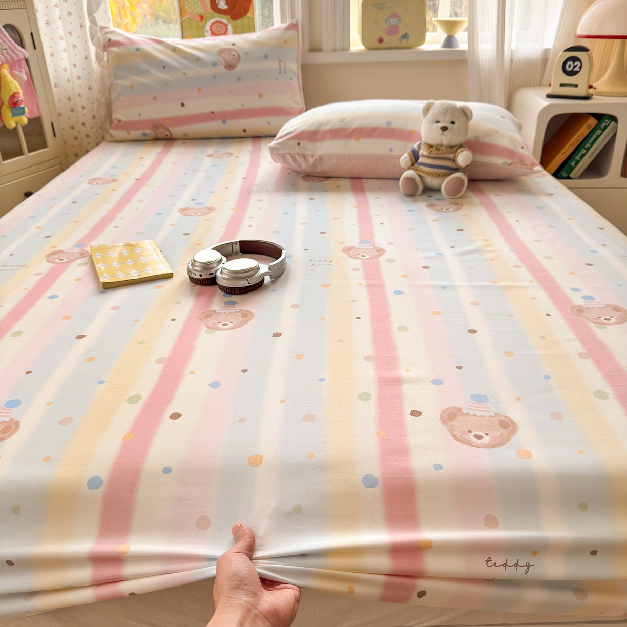 91家纺网 家纺一手货源 找家纺 沐芷 2026 【提供买家秀】古法水洗仿棉床笠席梦思床罩床垫防滑床套罩床笠三件套 暖意小熊