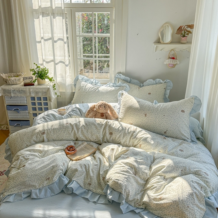 91家纺网 家纺一手货源 找家纺 柒月家居 2026新款韩系仿棉小格花边四件套 萌物