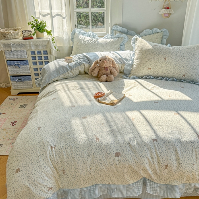 91家纺网 家纺一手货源 找家纺 柒月家居 2026新款韩系仿棉小格花边四件套 萌物