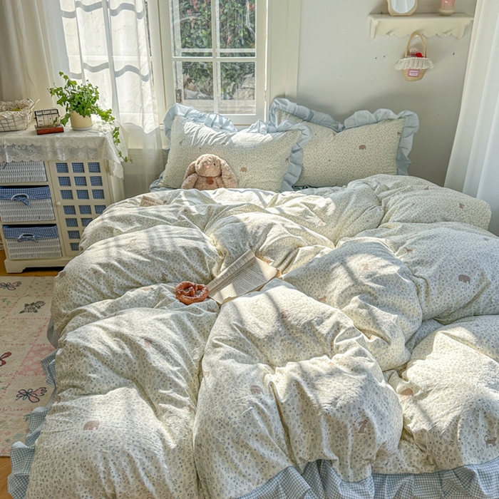 91家纺网 家纺一手货源 找家纺 柒月家居 2026新款韩系仿棉小格花边四件套 萌物