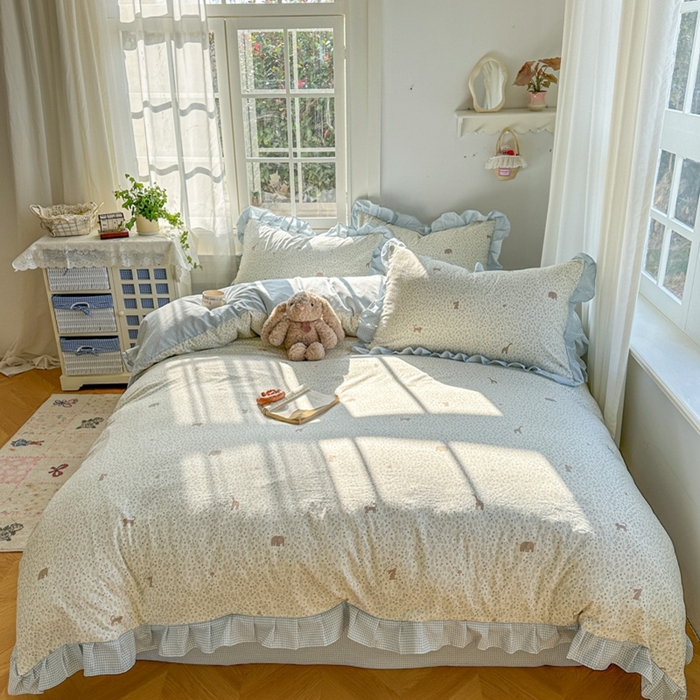 91家纺网 家纺一手货源 找家纺 柒月家居 2026新款韩系仿棉小格花边四件套 萌物