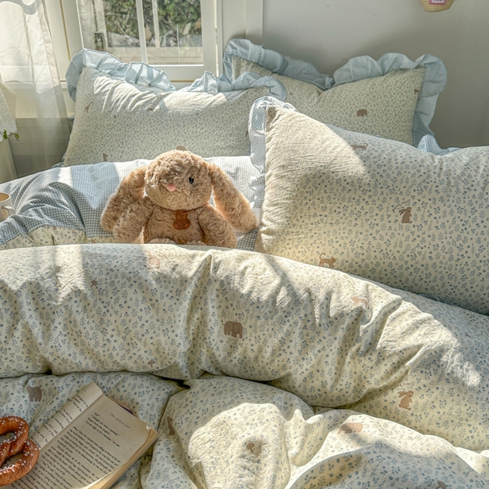 91家纺网 家纺一手货源 找家纺 柒月家居 2026新款韩系仿棉小格花边四件套 萌物