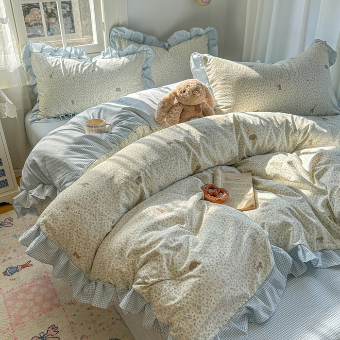 91家纺网 家纺一手货源 找家纺 柒月家居 2026新款韩系仿棉小格花边四件套 萌物