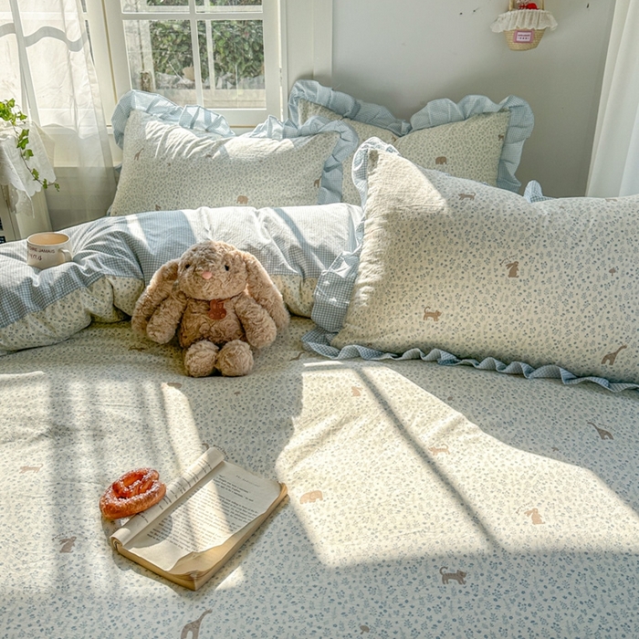 91家纺网 家纺一手货源 找家纺 柒月家居 2026新款韩系仿棉小格花边四件套 萌物