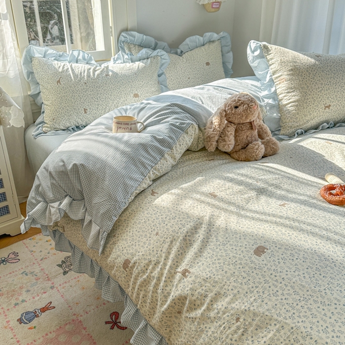 91家纺网 家纺一手货源 找家纺 柒月家居 2026新款韩系仿棉小格花边四件套 萌物