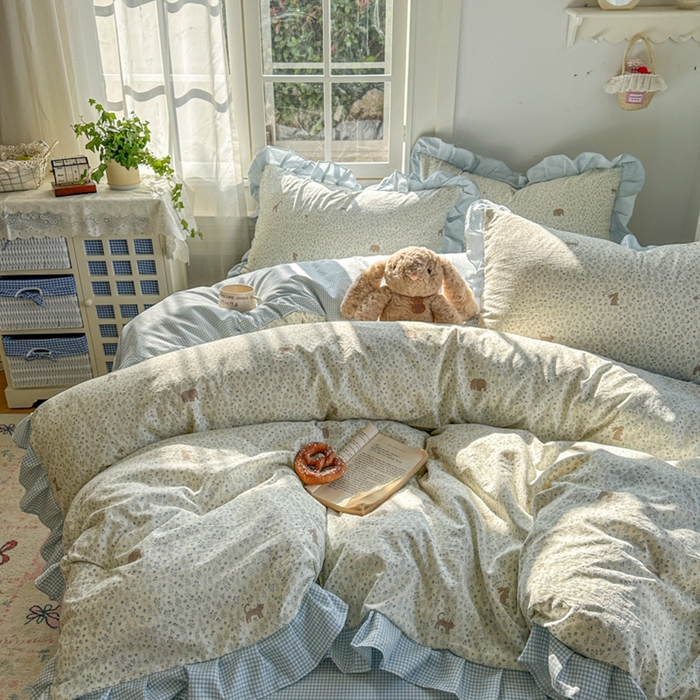 91家纺网 家纺一手货源 找家纺 柒月家居 2026新款韩系仿棉小格花边四件套 萌物