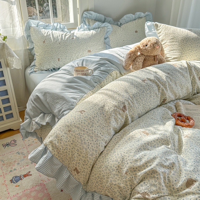 91家纺网 家纺一手货源 找家纺 柒月家居 2026新款韩系仿棉小格花边四件套 萌物