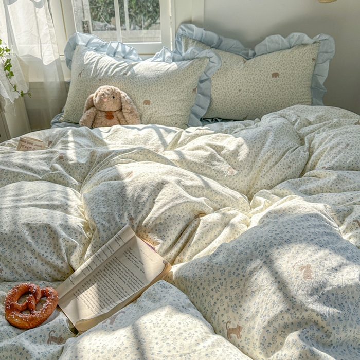 91家纺网 家纺一手货源 找家纺 柒月家居 2026新款韩系仿棉小格花边四件套 萌物