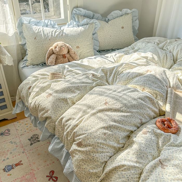 91家纺网 家纺一手货源 找家纺 柒月家居 2026新款韩系仿棉小格花边四件套 萌物