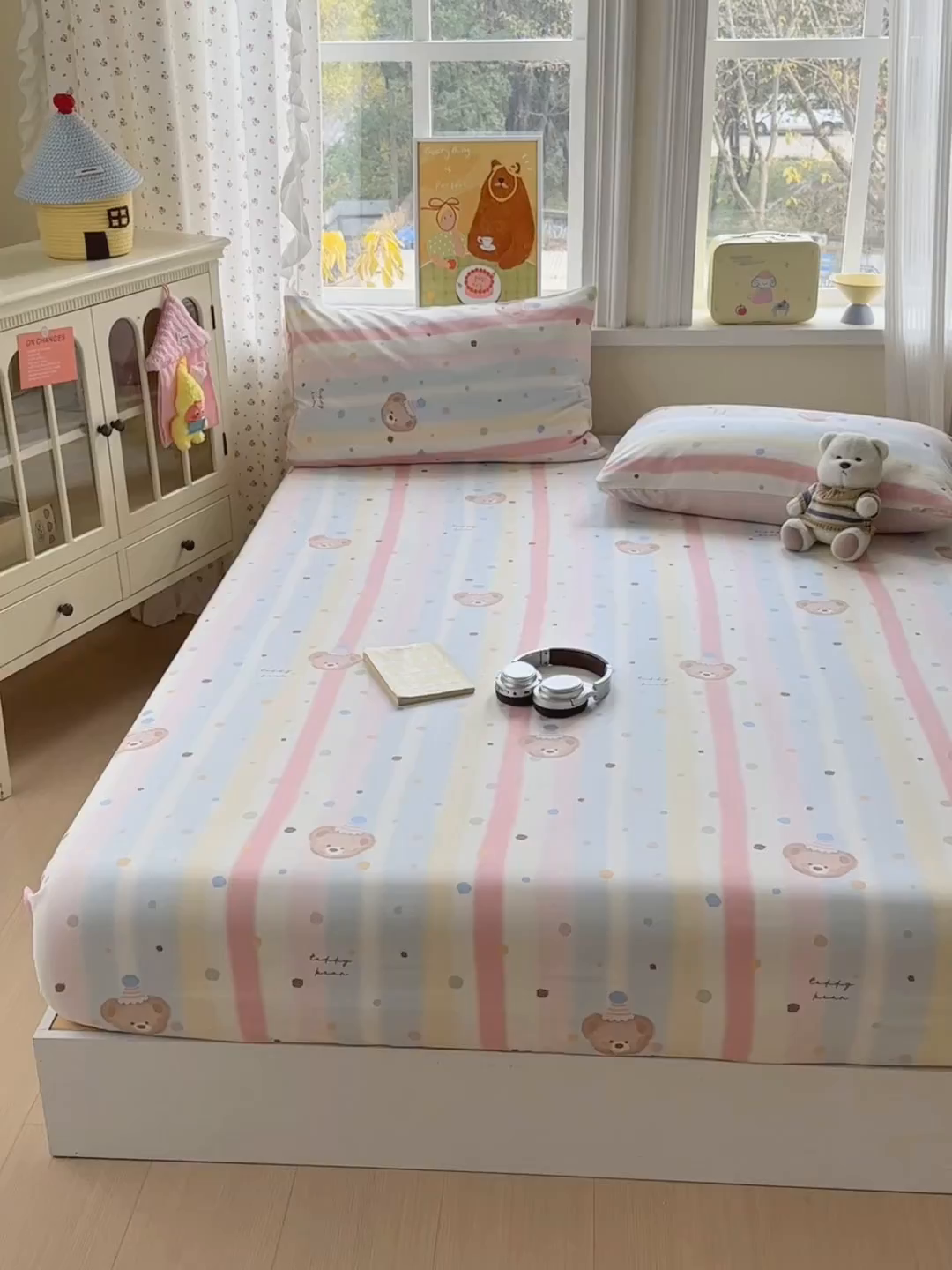 91家纺网 家纺一手货源 找家纺 沐芷 2026 【提供买家秀】古法水洗仿棉床笠席梦思床罩床垫防滑床套罩床笠三件套 暖意小熊