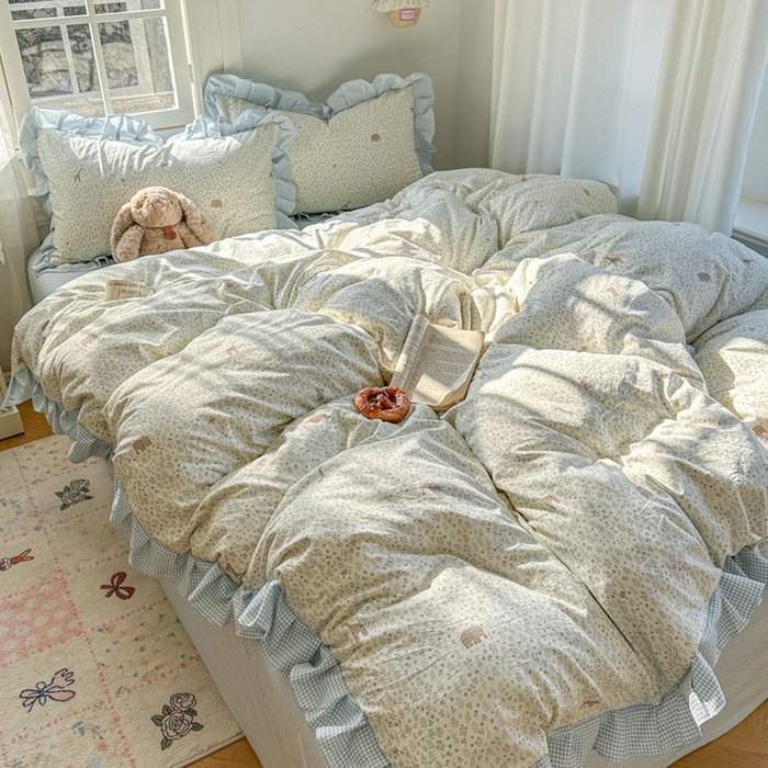 91家纺网 家纺一手货源 找家纺 柒月家居 2026新款韩系仿棉小格花边四件套 萌物