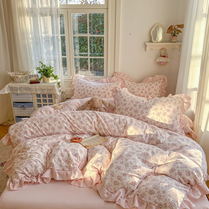 91家纺网 家纺一手货源 找家纺 柒月家居 2026新款韩系仿棉小格花边四件套 七分甜