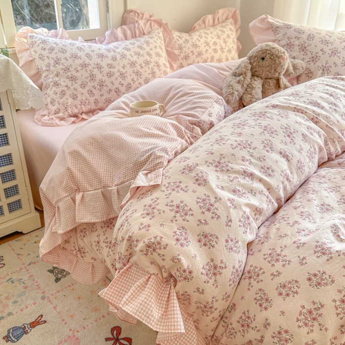柒月家居 2026新款韩系仿棉小格花边四件套 七分甜