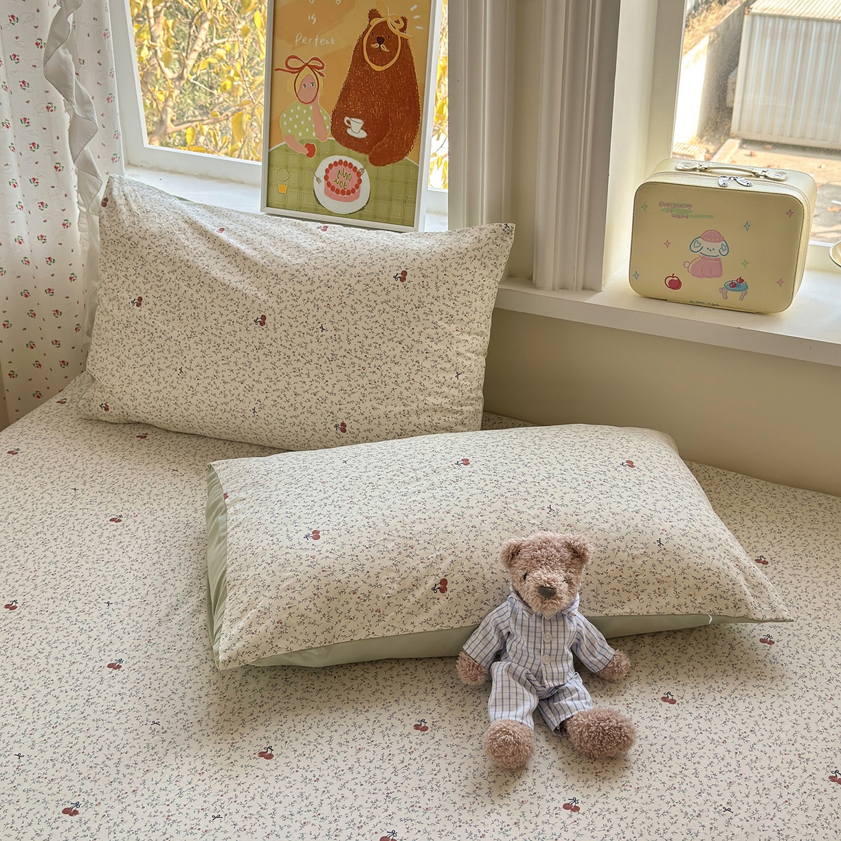 91家纺网 家纺一手货源 找家纺 沐芷 2026 【提供买家秀】古法水洗仿棉床笠席梦思床罩床垫防滑床套罩床笠三件套 樱桃物语