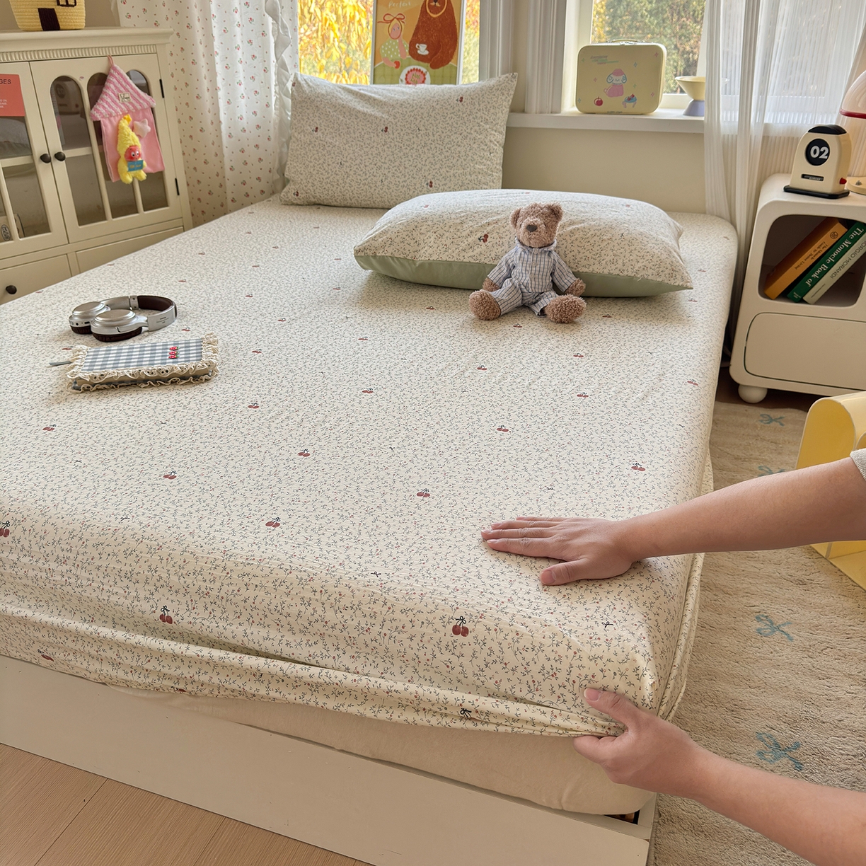 91家纺网 家纺一手货源 找家纺 沐芷 2026 【提供买家秀】古法水洗仿棉床笠席梦思床罩床垫防滑床套罩床笠三件套 樱桃物语