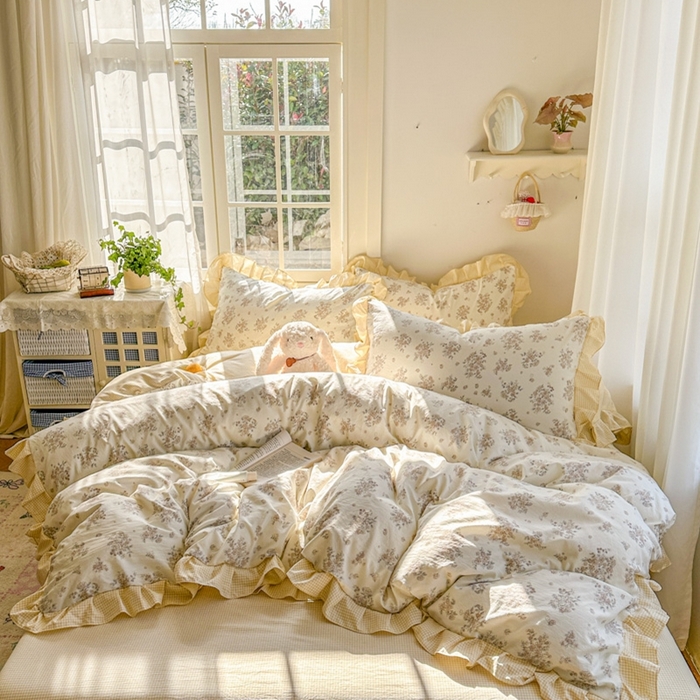 91家纺网 家纺一手货源 找家纺 柒月家居 2026新款韩系仿棉小格花边四件套 甜桔