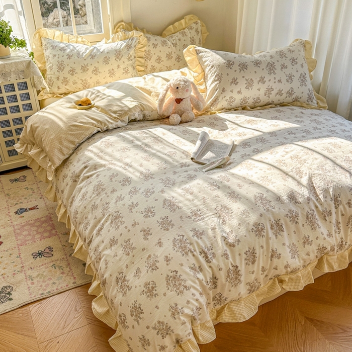 91家纺网 家纺一手货源 找家纺 柒月家居 2026新款韩系仿棉小格花边四件套 甜桔