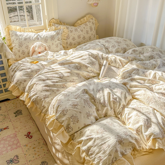 91家纺网 家纺一手货源 找家纺 柒月家居 2026新款韩系仿棉小格花边四件套 甜桔