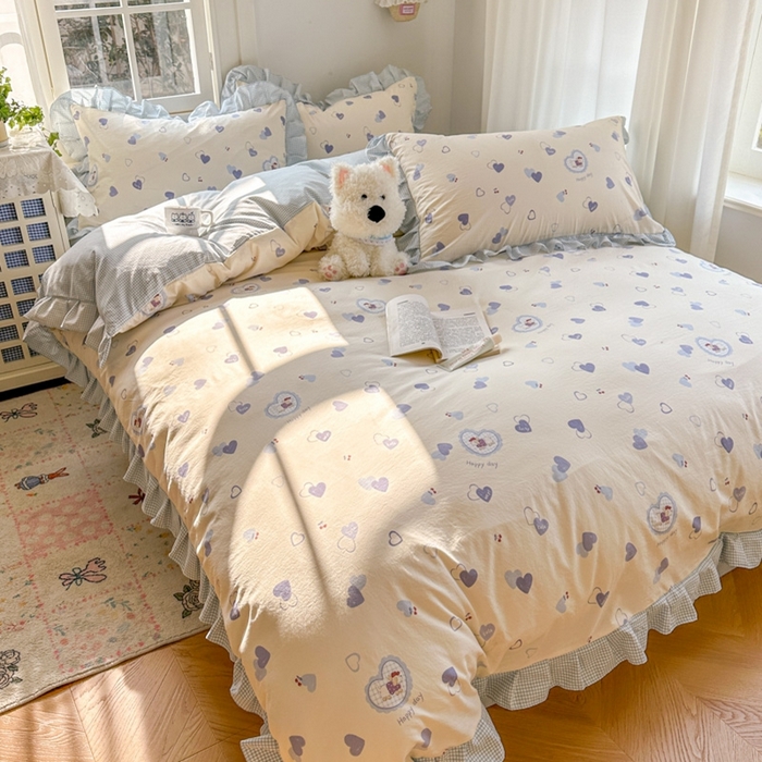 91家纺网 家纺一手货源 找家纺 柒月家居 2026新款韩系仿棉小格花边四件套 甜心狗