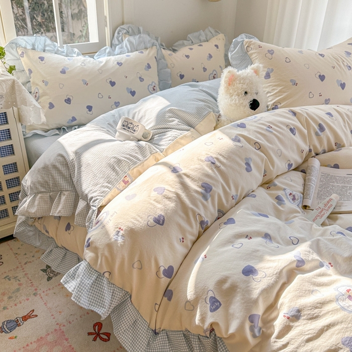 柒月家居 2026新款韩系仿棉小格花边四件套 甜心狗