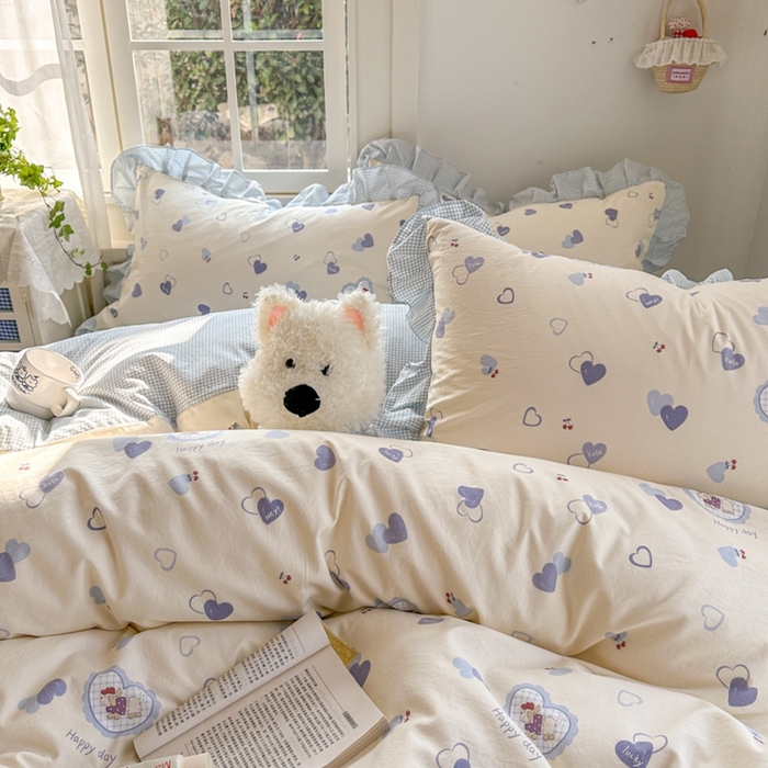 91家纺网 家纺一手货源 找家纺 柒月家居 2026新款韩系仿棉小格花边四件套 甜心狗