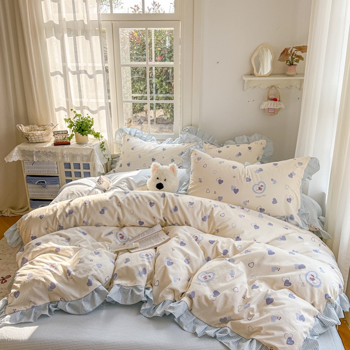 91家纺网 家纺一手货源 找家纺 柒月家居 2026新款韩系仿棉小格花边四件套 甜心狗