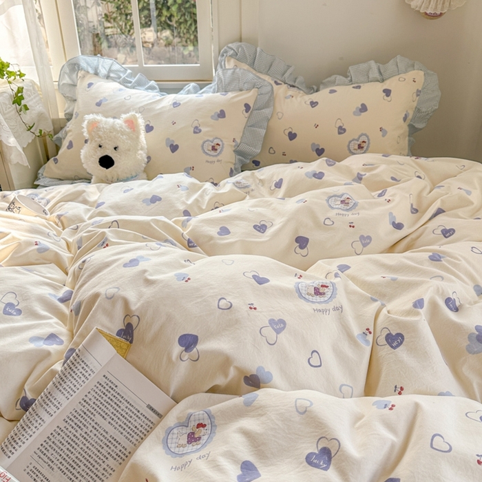 91家纺网 家纺一手货源 找家纺 柒月家居 2026新款韩系仿棉小格花边四件套 甜心狗