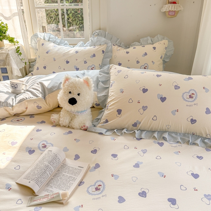 91家纺网 家纺一手货源 找家纺 柒月家居 2026新款韩系仿棉小格花边四件套 甜心狗