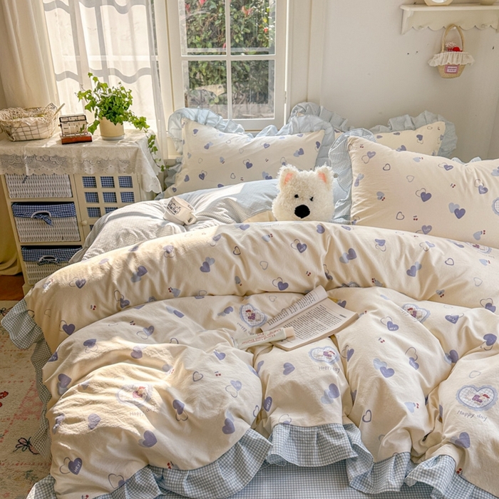 91家纺网 家纺一手货源 找家纺 柒月家居 2026新款韩系仿棉小格花边四件套 甜心狗