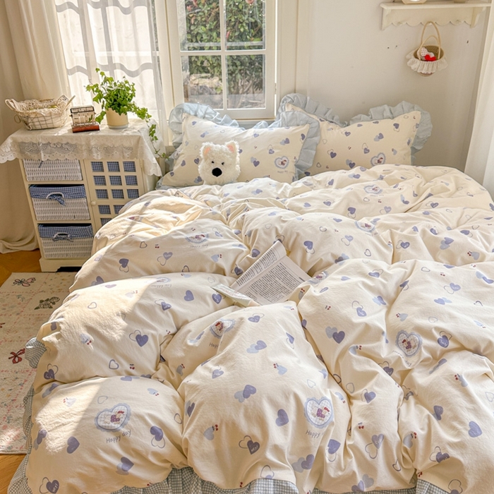 91家纺网 家纺一手货源 找家纺 柒月家居 2026新款韩系仿棉小格花边四件套 甜心狗