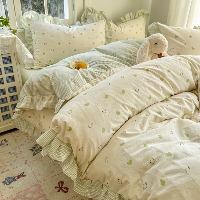 柒月家居 2026新款韩系仿棉小格花边四件套 微笑