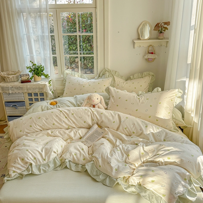 91家纺网 家纺一手货源 找家纺 柒月家居 2026新款韩系仿棉小格花边四件套 微笑