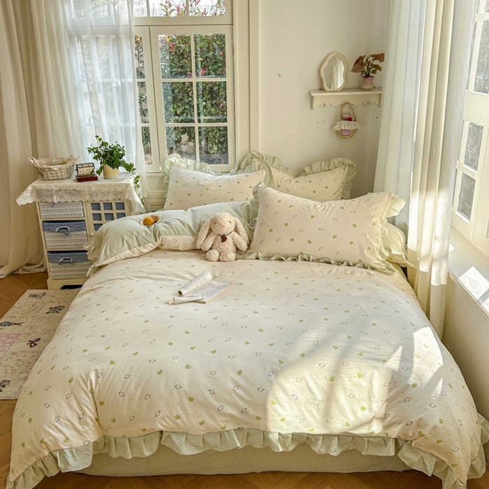 91家纺网 家纺一手货源 找家纺 柒月家居 2026新款韩系仿棉小格花边四件套 微笑