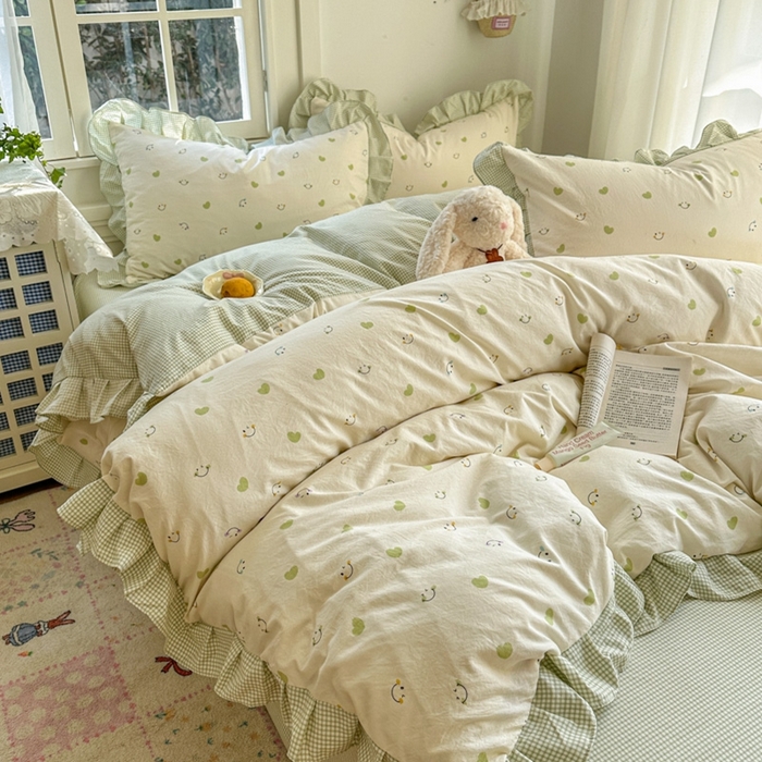 91家纺网 家纺一手货源 找家纺 柒月家居 2026新款韩系仿棉小格花边四件套 微笑