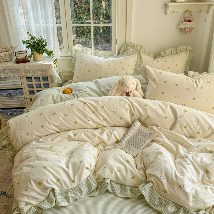 91家纺网 家纺一手货源 找家纺 柒月家居 2026新款韩系仿棉小格花边四件套 微笑