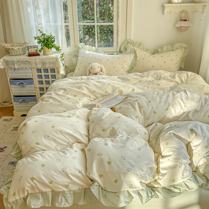 91家纺网 家纺一手货源 找家纺 柒月家居 2026新款韩系仿棉小格花边四件套 微笑