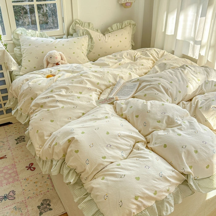 91家纺网 家纺一手货源 找家纺 柒月家居 2026新款韩系仿棉小格花边四件套 微笑