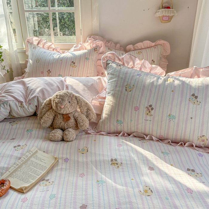 91家纺网 家纺一手货源 找家纺 柒月家居 2026新款韩系仿棉小格花边四件套 线条猫