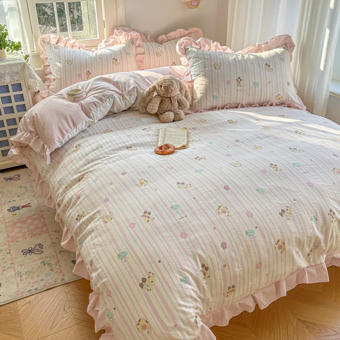 91家纺网 家纺一手货源 找家纺 柒月家居 2026新款韩系仿棉小格花边四件套 线条猫