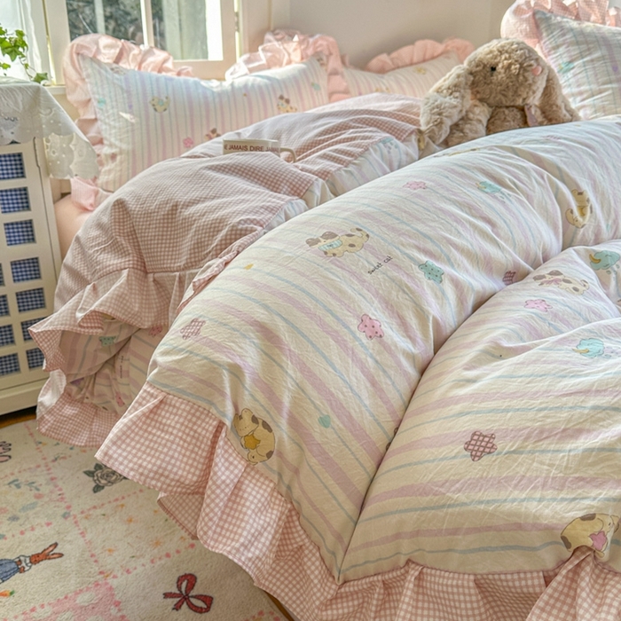 柒月家居 2026新款韩系仿棉小格花边四件套 线条猫