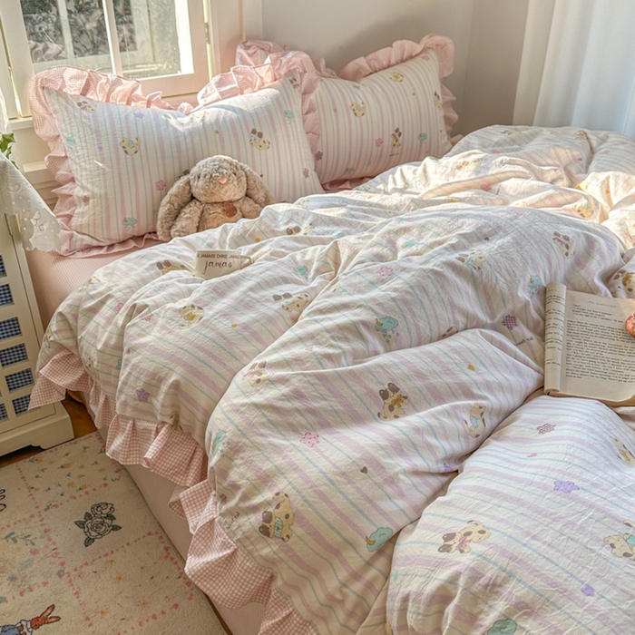 91家纺网 家纺一手货源 找家纺 柒月家居 2026新款韩系仿棉小格花边四件套 线条猫