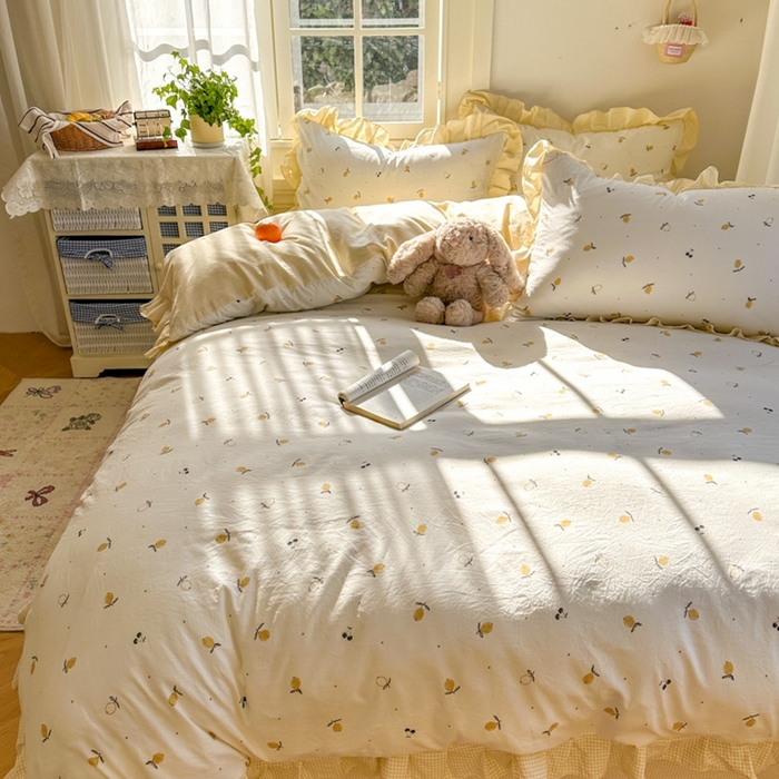 91家纺网 家纺一手货源 找家纺 柒月家居 2026新款韩系仿棉小格花边四件套 小柠檬