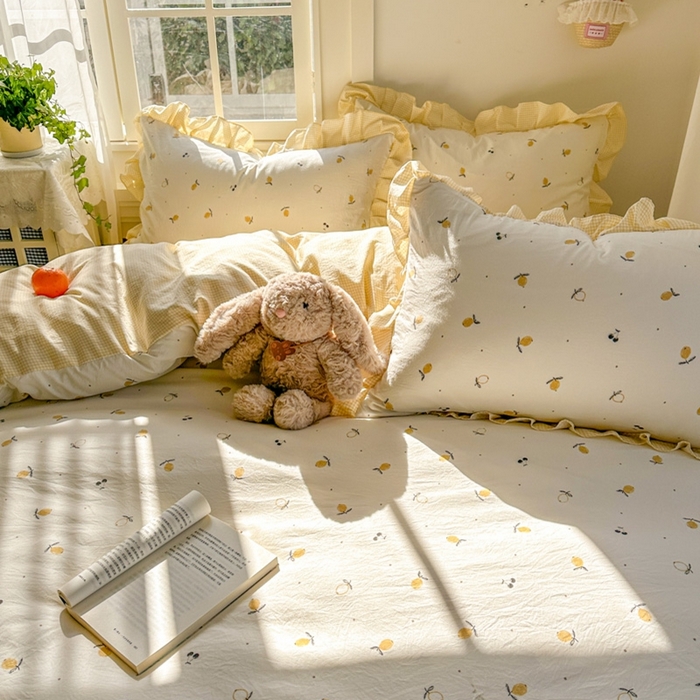 91家纺网 家纺一手货源 找家纺 柒月家居 2026新款韩系仿棉小格花边四件套 小柠檬