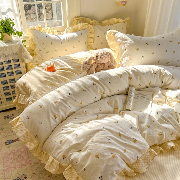 91家纺网 家纺一手货源 找家纺 柒月家居 2026新款韩系仿棉小格花边四件套 小柠檬