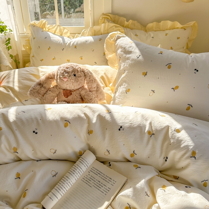 91家纺网 家纺一手货源 找家纺 柒月家居 2026新款韩系仿棉小格花边四件套 小柠檬