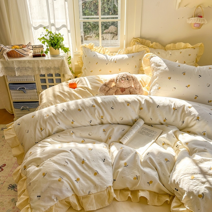 91家纺网 家纺一手货源 找家纺 柒月家居 2026新款韩系仿棉小格花边四件套 小柠檬