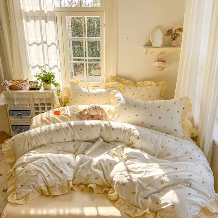 91家纺网 家纺一手货源 找家纺 柒月家居 2026新款韩系仿棉小格花边四件套 小柠檬