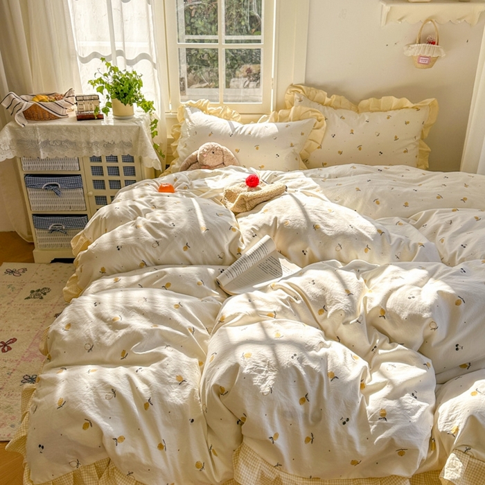 91家纺网 家纺一手货源 找家纺 柒月家居 2026新款韩系仿棉小格花边四件套 小柠檬